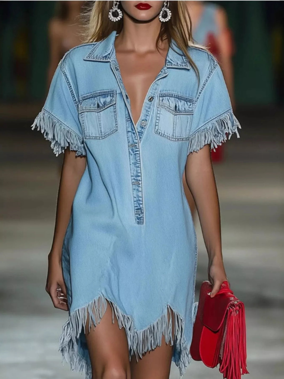 Full Size Fringed Button Front Denim Shirt Dress Plus Size - Lilixa.store