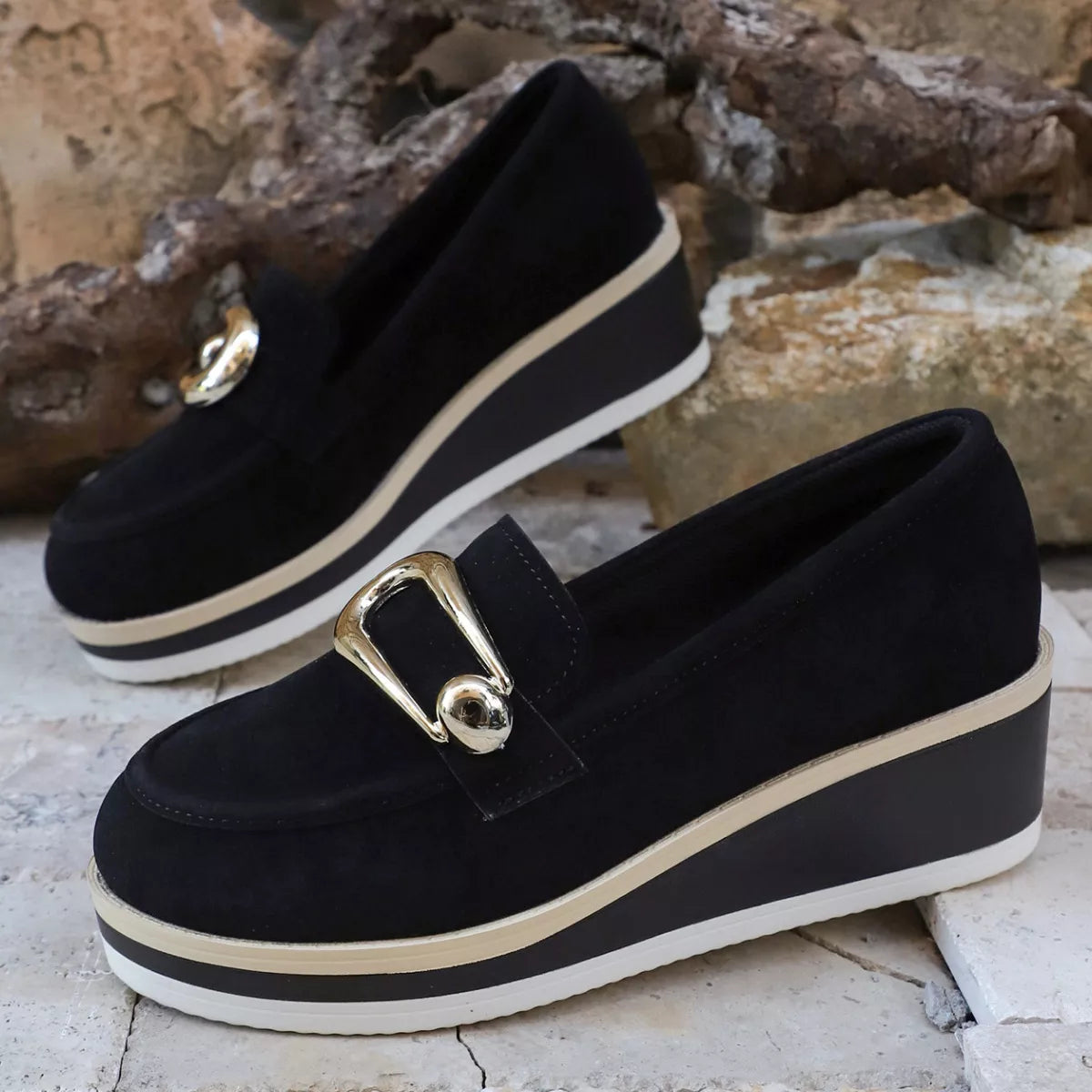 Round Toe Wedge Loafers in Black, view 5