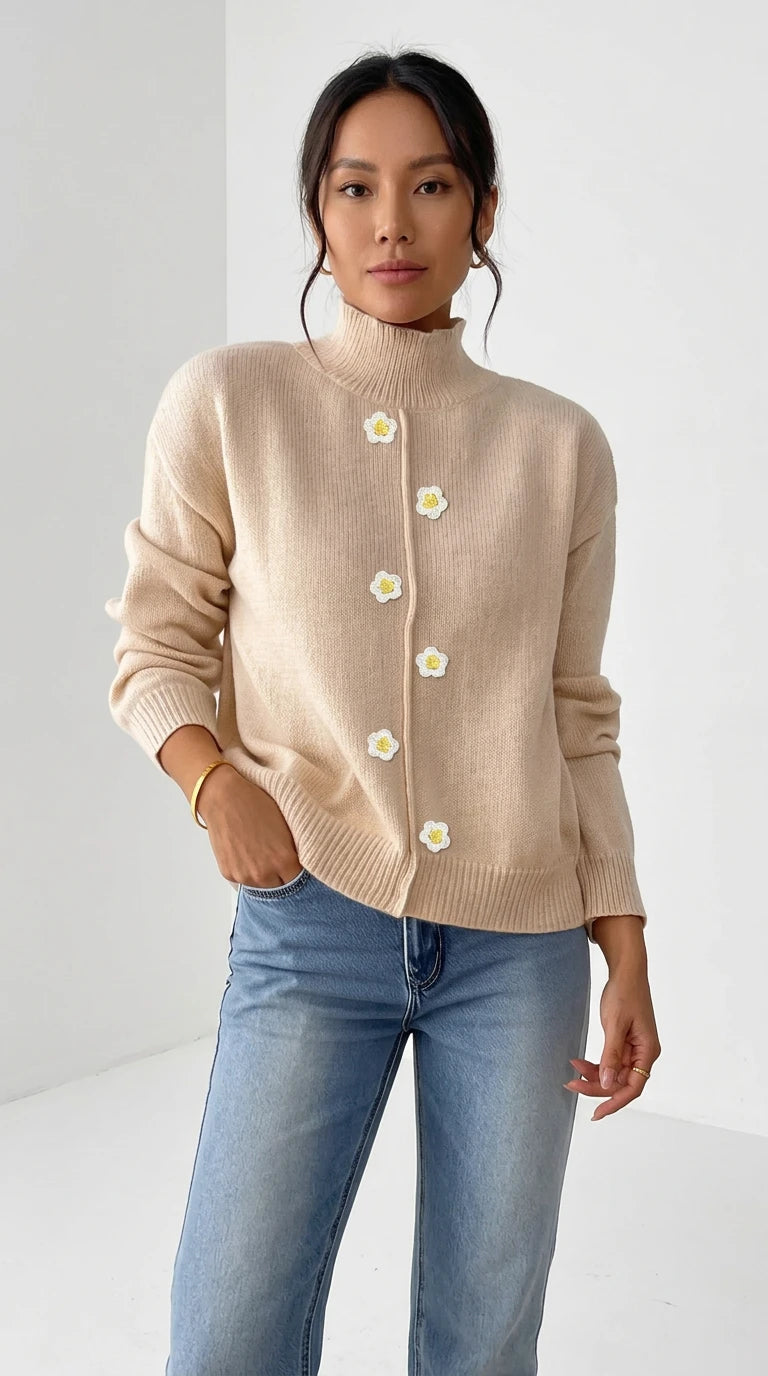 Floral Applique Turtleneck Sweater in Khaki