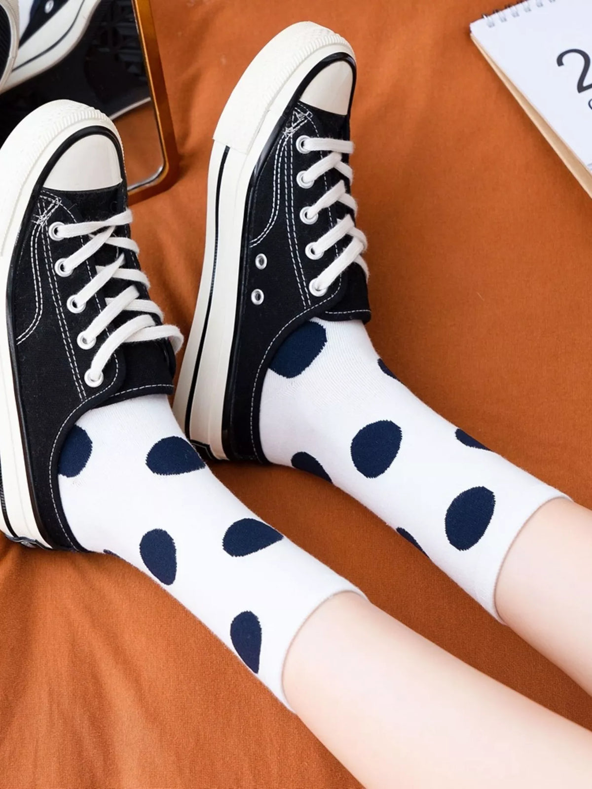 Polka Dot Mid-Calf Cotton Socks in White
