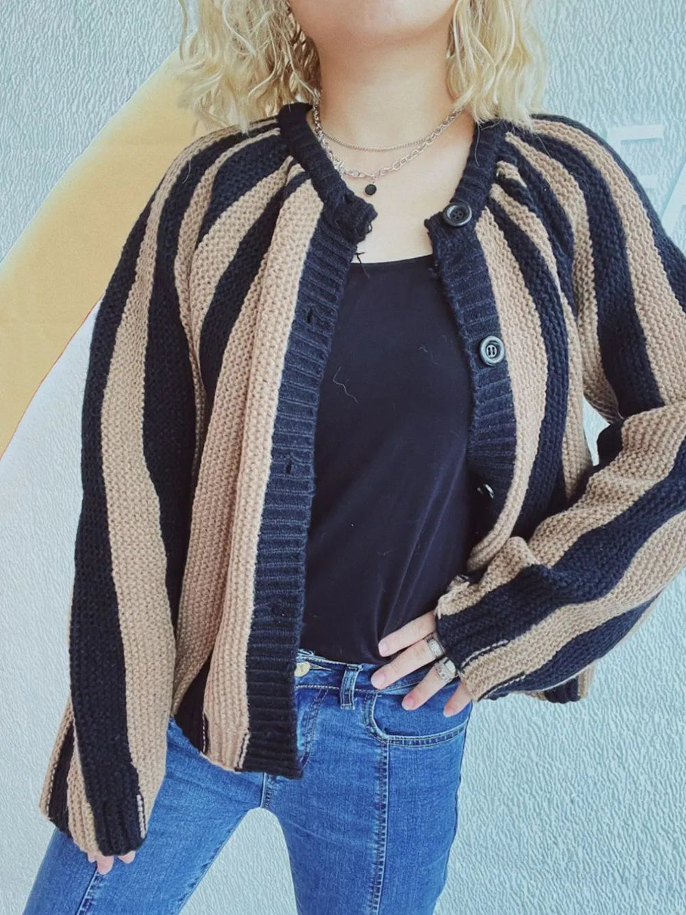 Contrast Stripes Button Down Long Sleeve Cardigan - Lilixa.store
