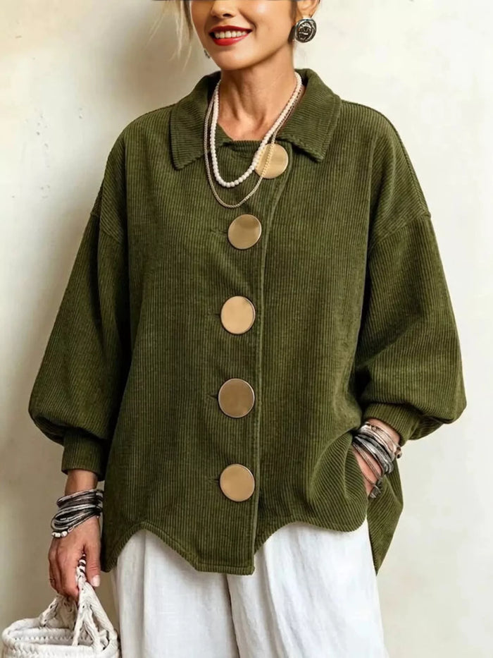 Full Size Corduroy Button-Down Jacket Plus Size in Army Green
