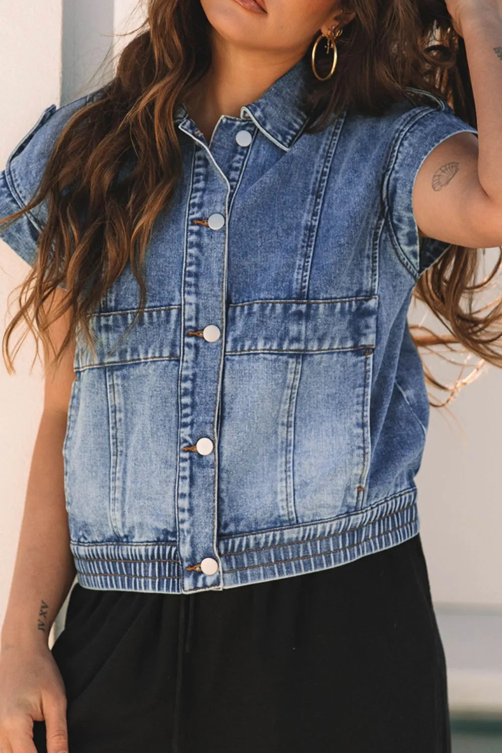 Button Up Cap Sleeve Denim Jacket, view 5