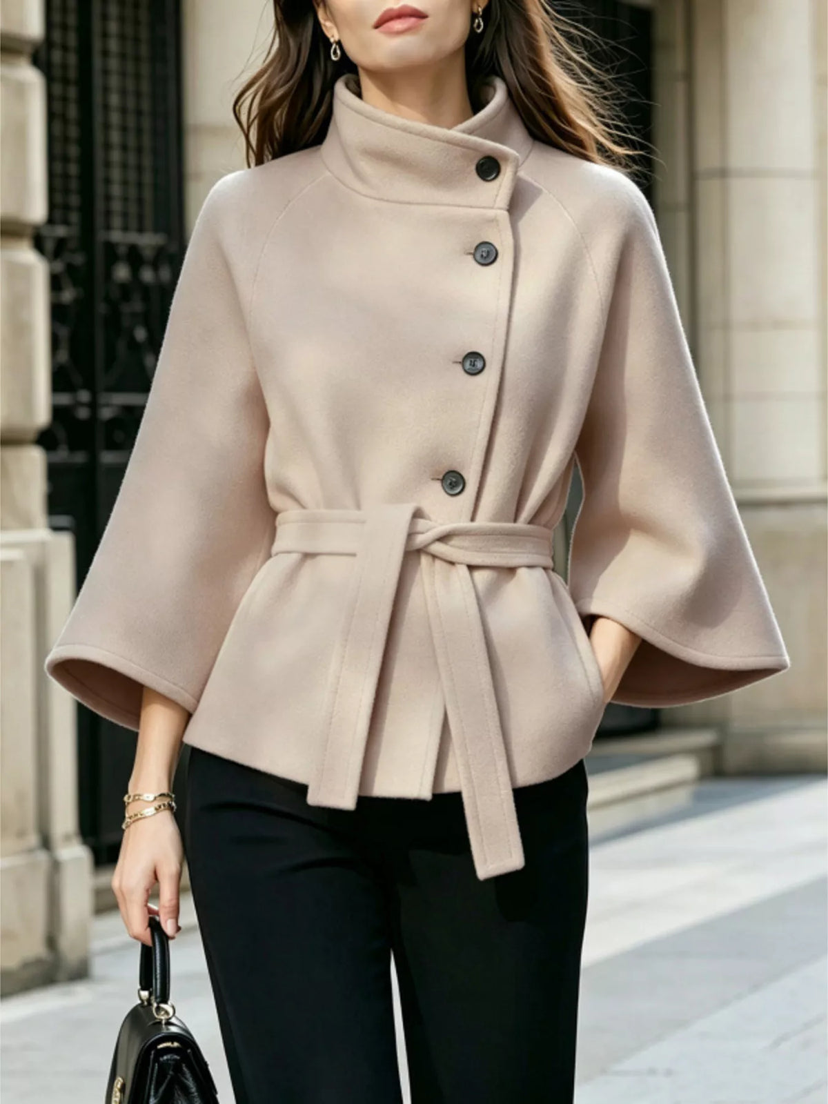 Button Down Cape Coat with Belted Waist in Beige