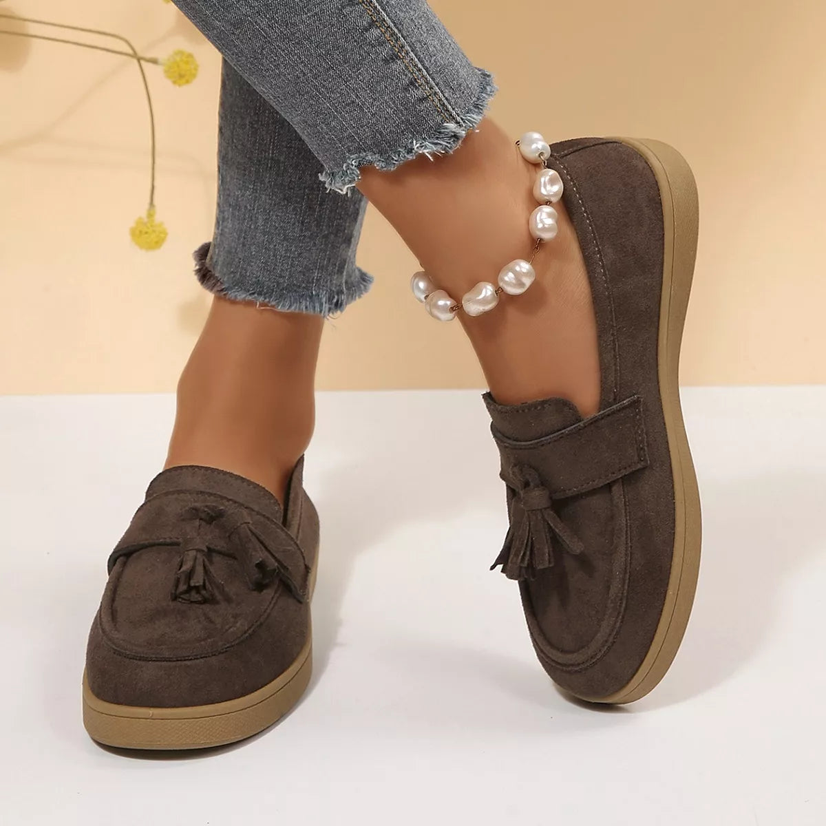 Tassel Suede Loafers with Comfortable Flat Sole, view 2