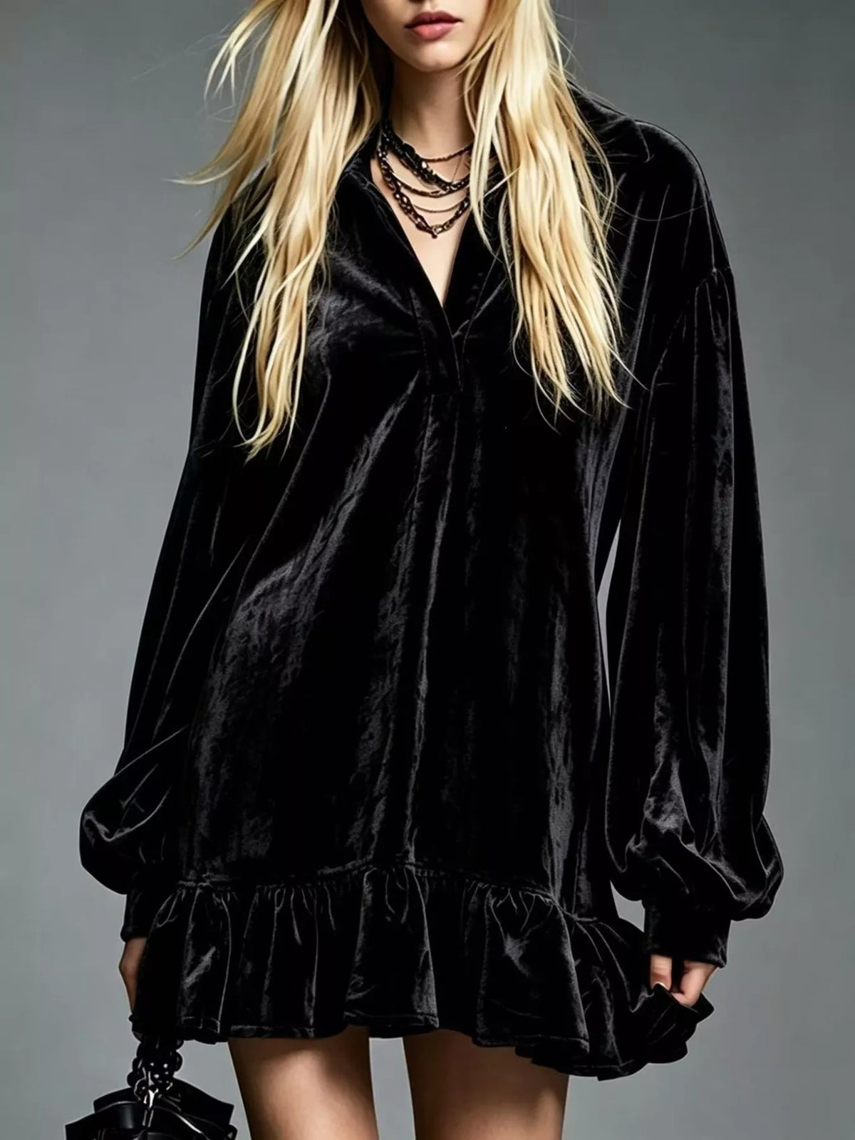 Full Size Velvet Long-Sleeve Ruffle Hem Mini Dress Plus Size