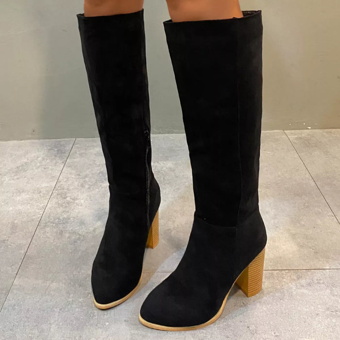 Point Toe Knee-High Suede Block Heel Boots - Lilixa.store