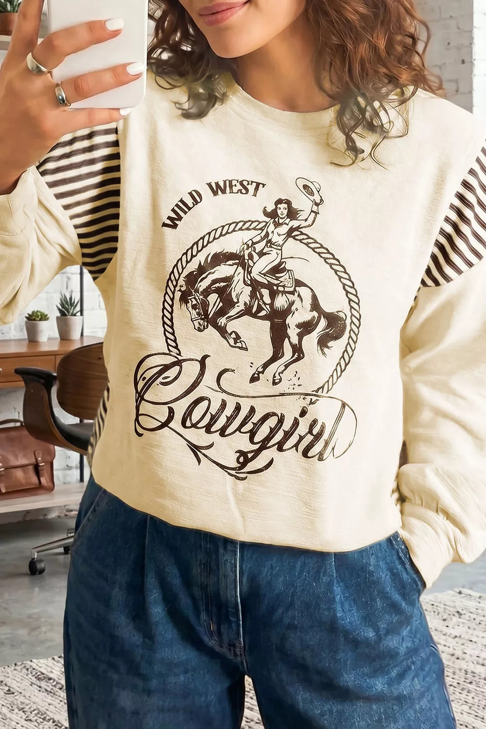 Western Graphic Striped Detail Long Sleeve Casual Top in Beige, view 3