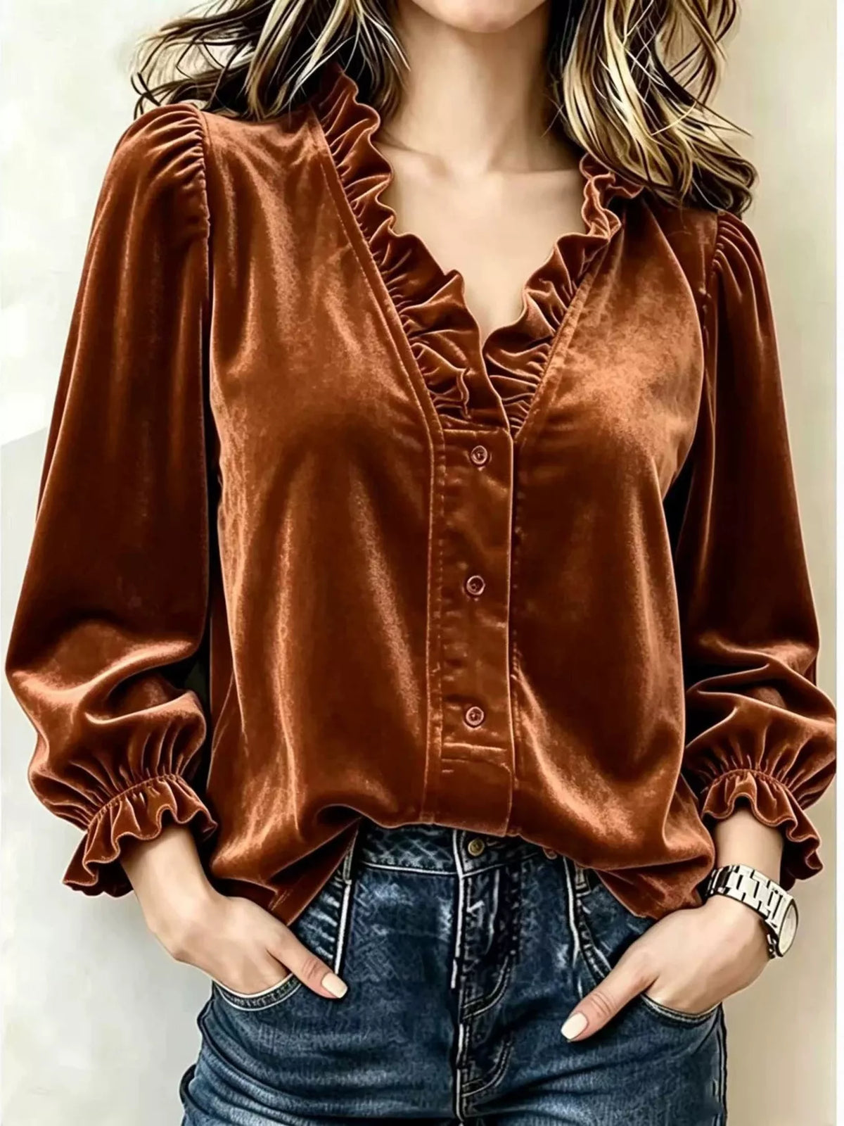 V-Neck Ruffled Velvet Button Down Blouse in Chocolate Color
