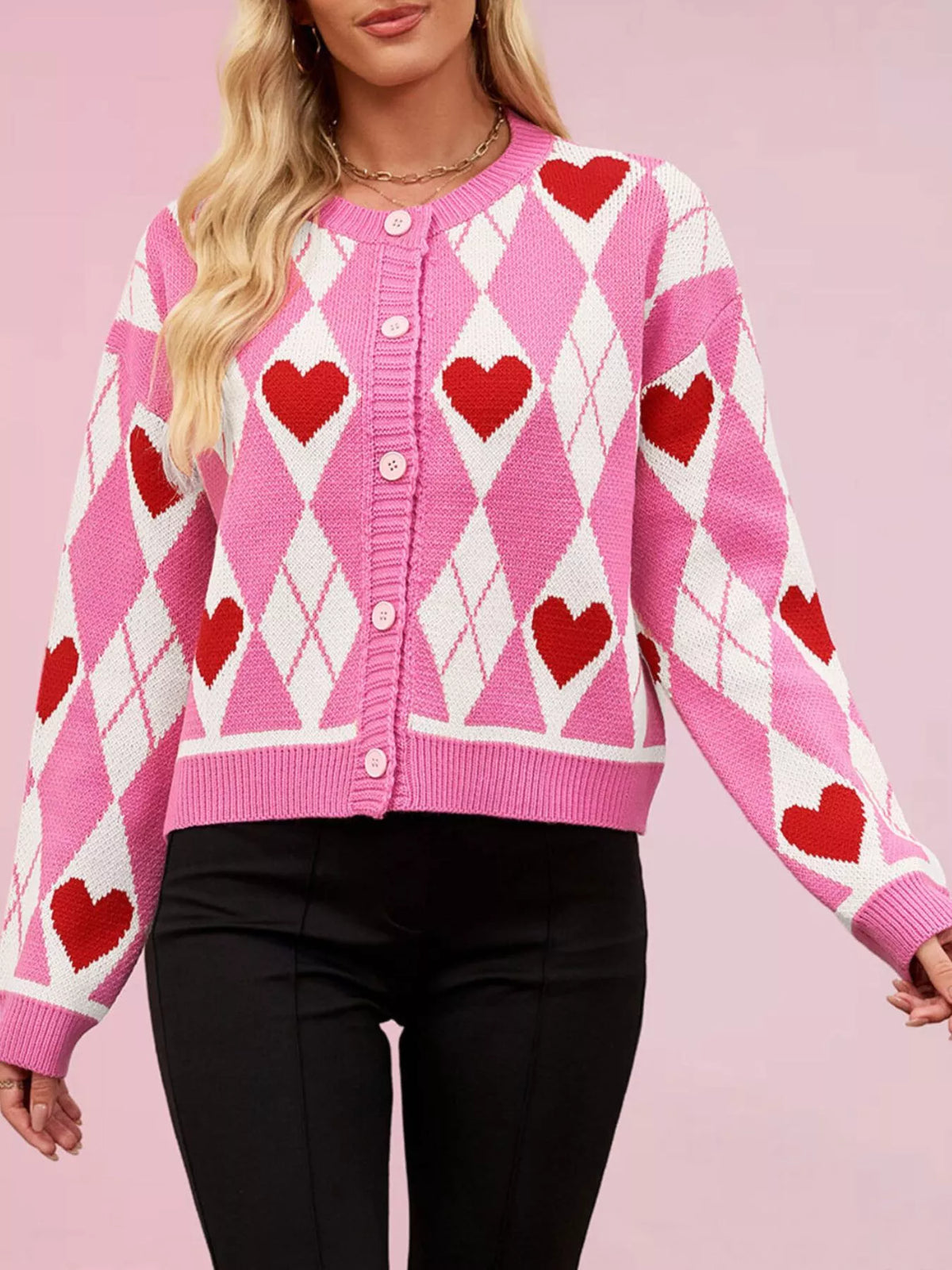 Argyle Heart Pattern Button-Up Knit Cardigan - Lilixa.store