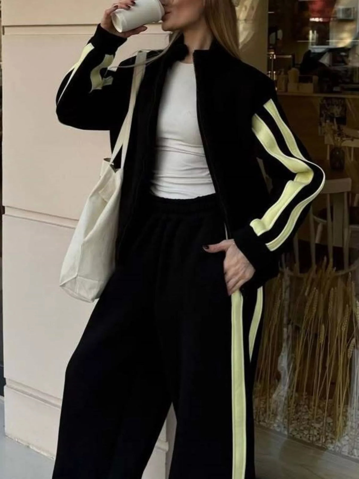 Contrast Striped Zip Up Top and Pants Set - Lilixa.store