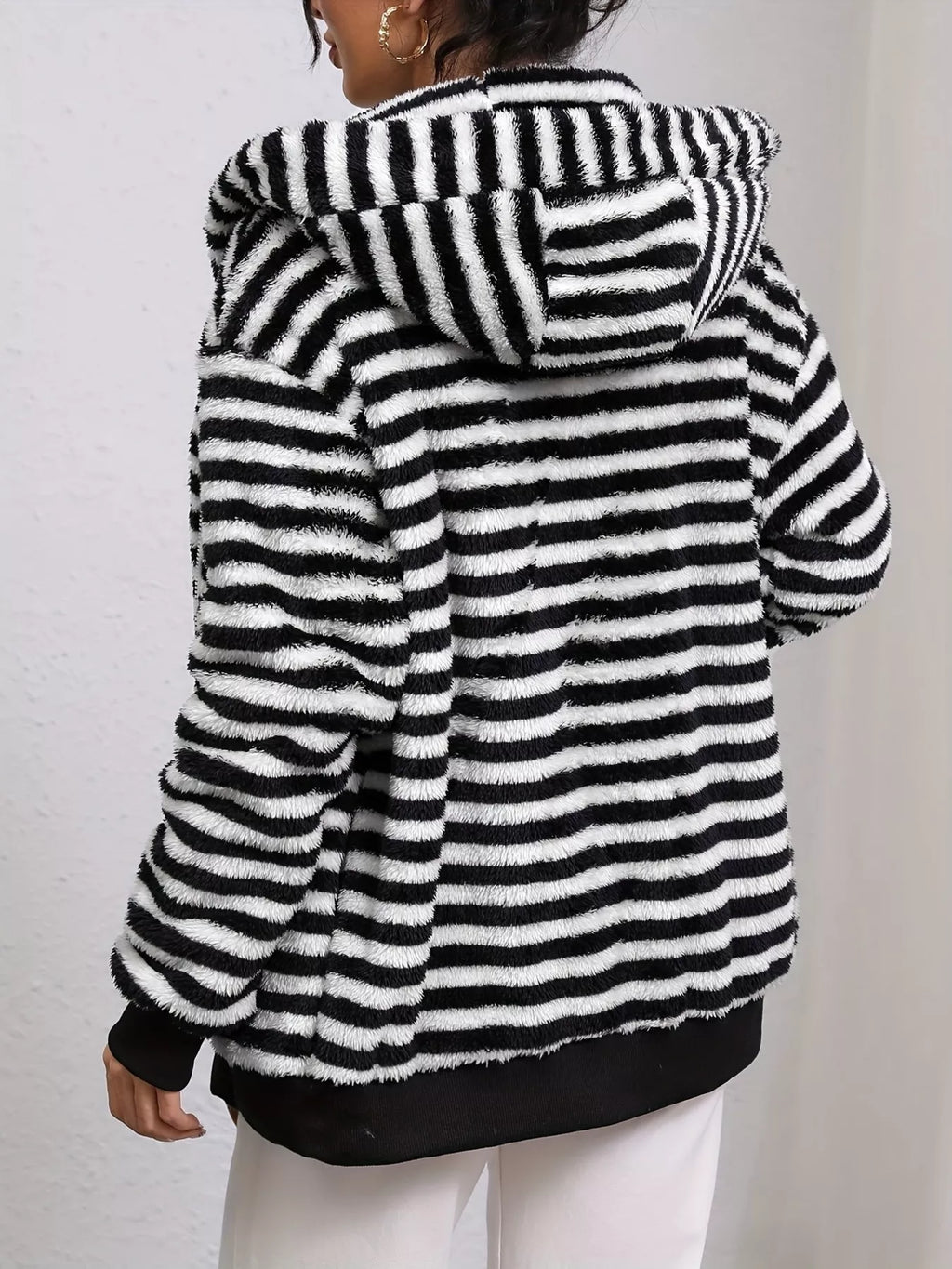 Striped Plush Zip-Up Hooded Outerwear - Lilixa.store