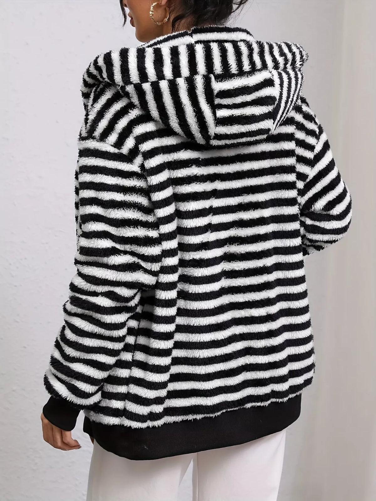 Striped Plush Zip-Up Hooded Outerwear - Lilixa.store