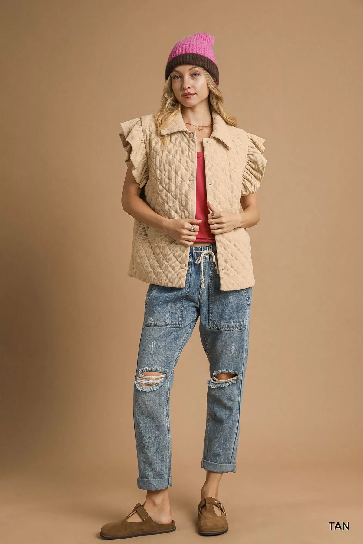 Umgee Corduroy Quilted Ruffle Sleeve Vest - Lilixa.store