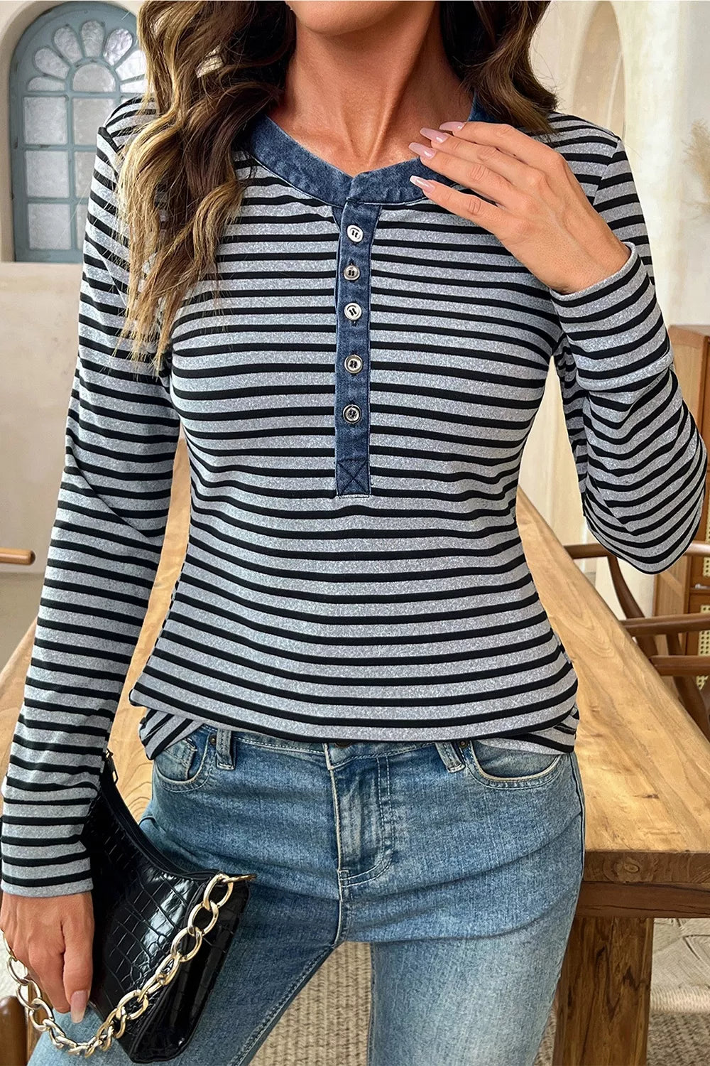 Stripe Denim Contrast Collar Half Button Long Sleeve Top - Lilixa.store