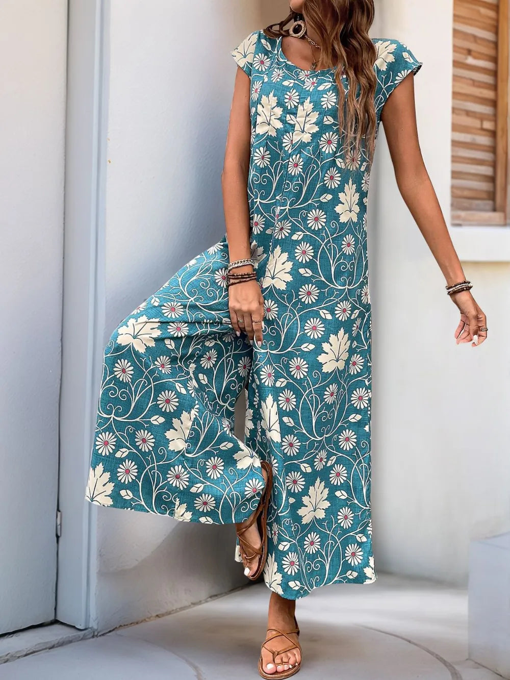 Perfee Printed Round Neck Cap Sleeve Wide Leg Jumpsuit - Lilixa.store