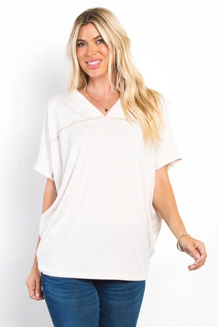 Be Stage Full Size V-Neck Short Sleeve Ribbed Top - Lilixa.store