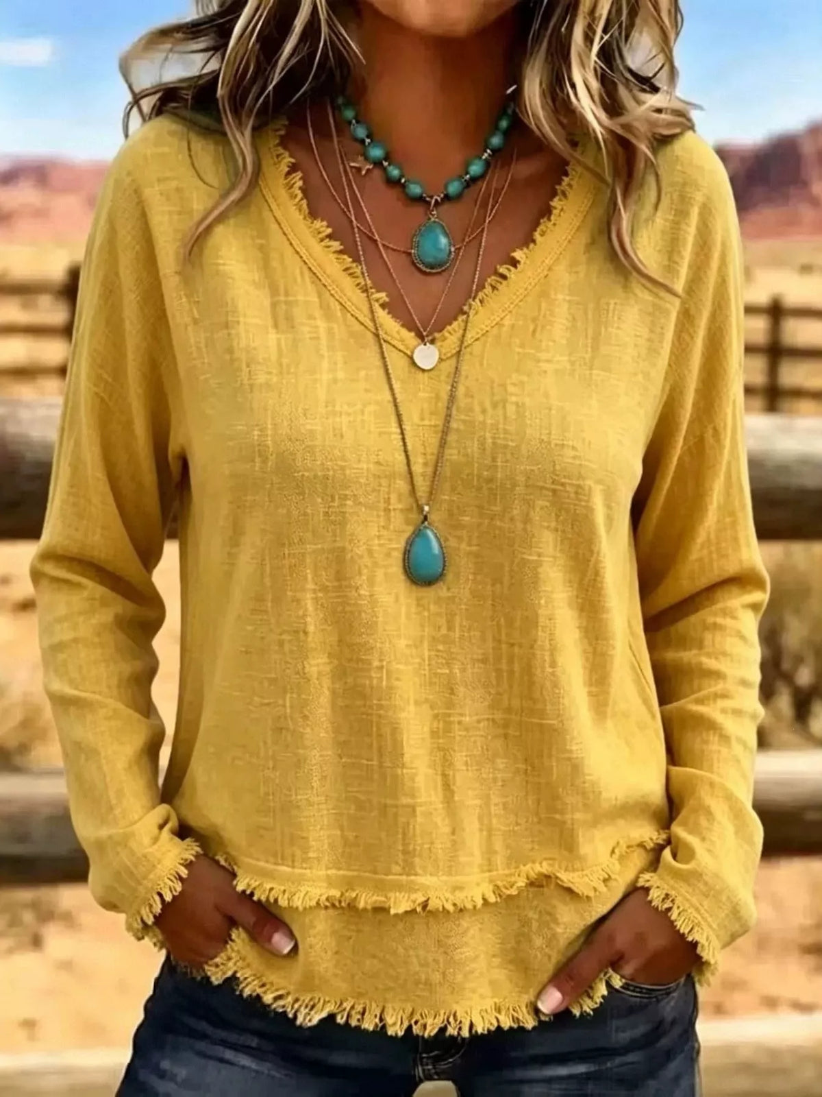 V-Neck Long Sleeve Blouse with Frayed Hem Detail - Lilixa.store