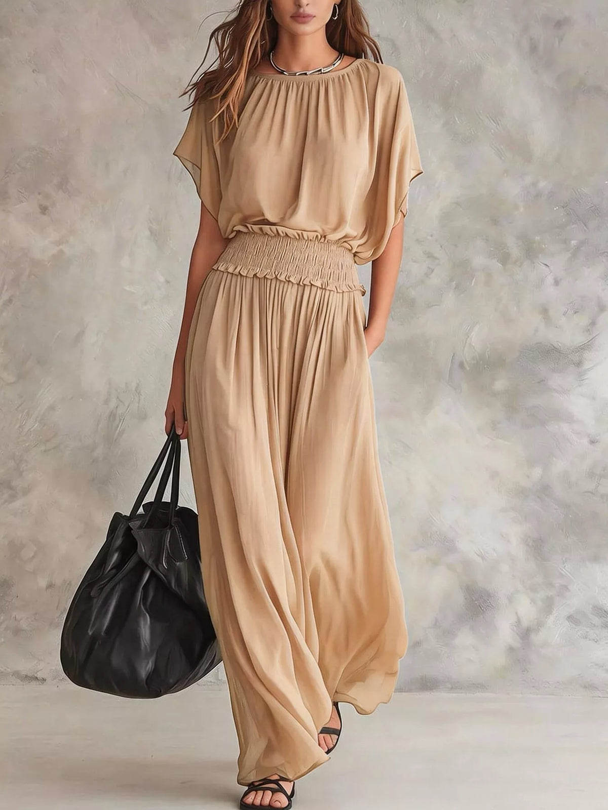 Chiffon Maxi Dress with Smocked Waist - Lilixa.store