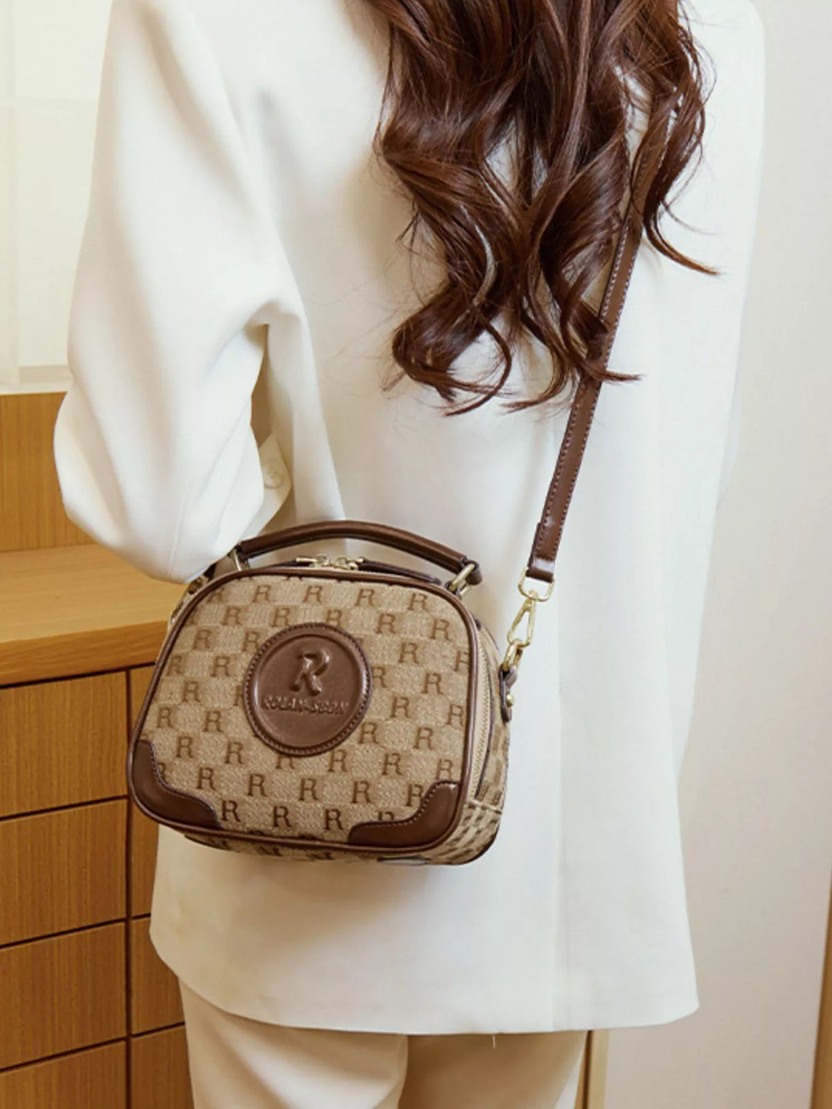 Monogram Pattern Crossbody Handbag with Top Handle in Camel, view 3