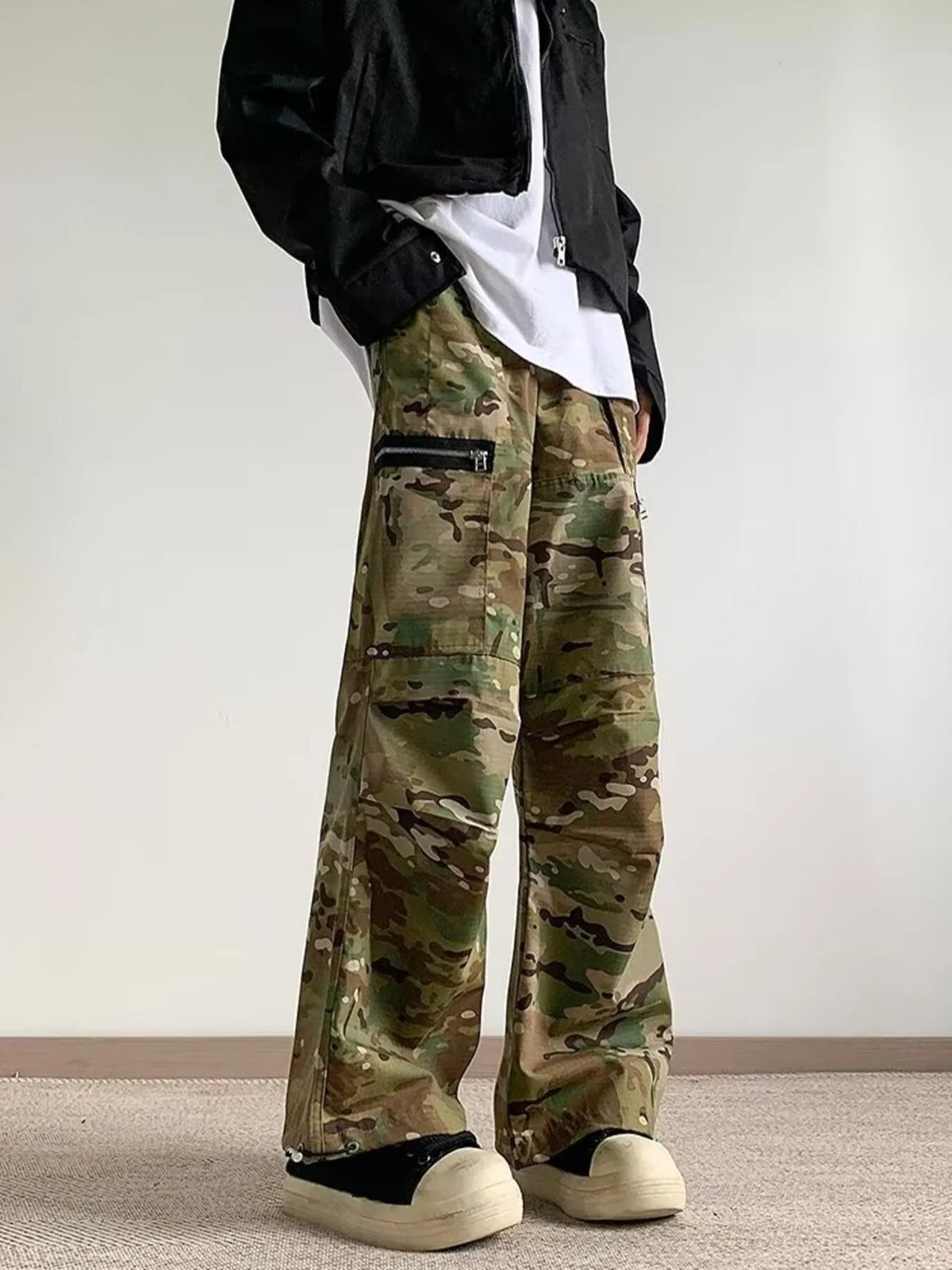 Men's Full Size Camo Wide Leg Cargo Pants with Zipper Pockets Plus Size in Camouflage, view 3