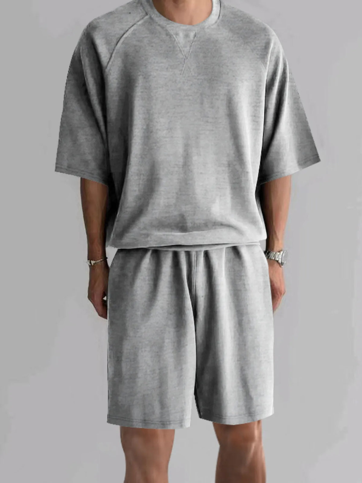 Men's Full Size Round Neck Top and Shorts Set Plus Size in Light Gray