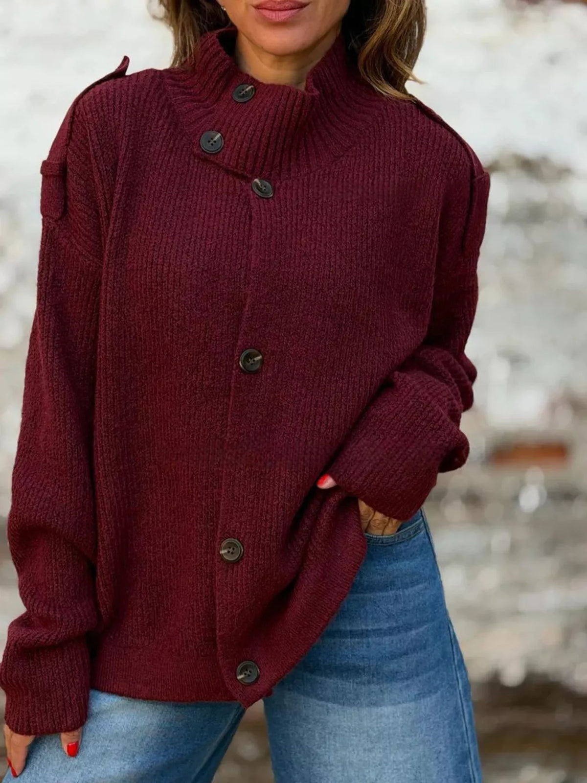 Full Size Button-Up Mock Neck Cardigan Plus Size - Lilixa.store