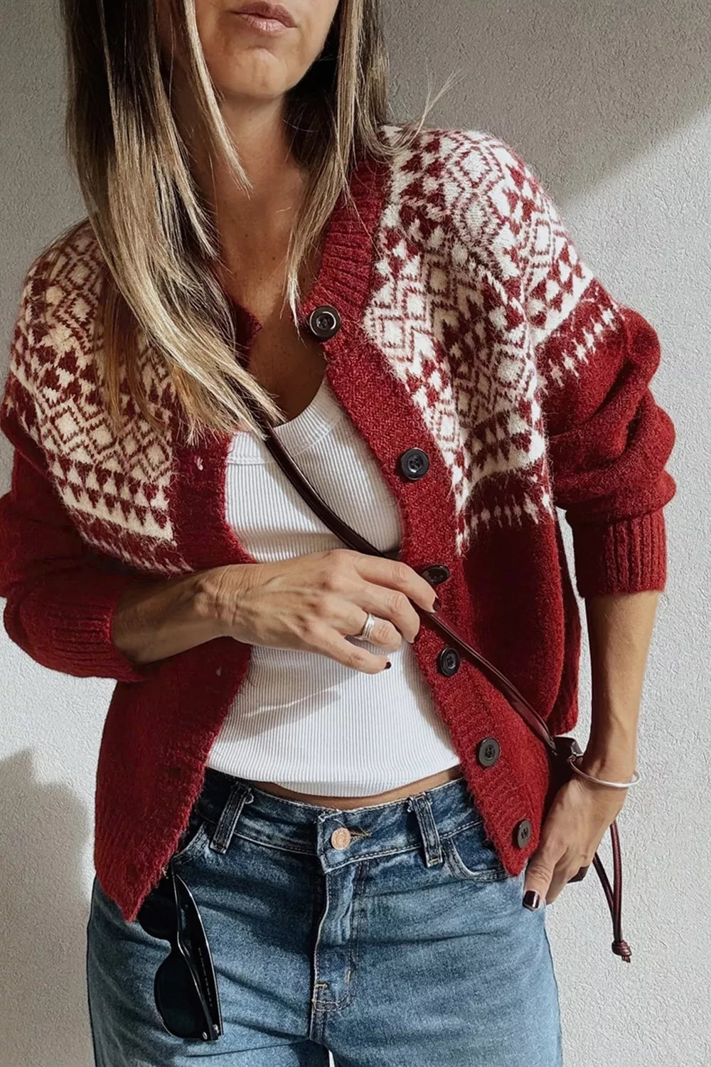 Geometric Print Button Front Long Sleeve Knitwear Cardigan - Lilixa.store