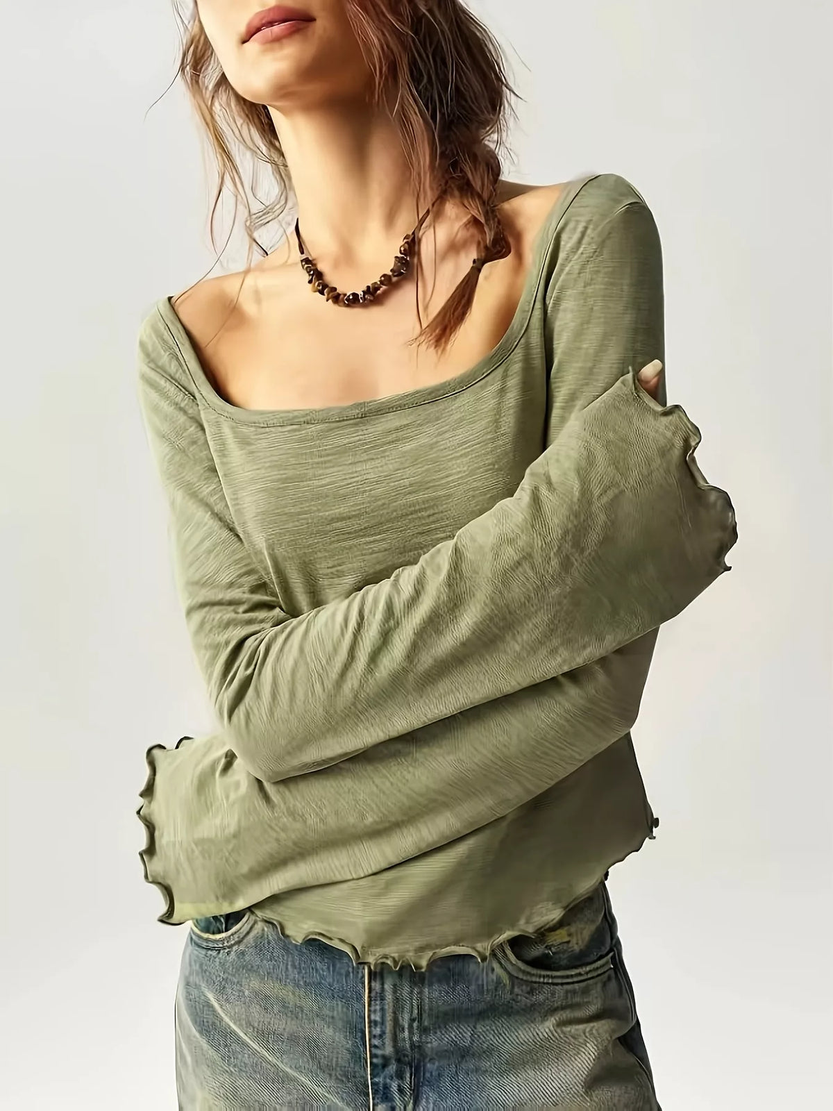 Square Neck Long Sleeve Slim-Fit T-Shirt - Lilixa.store