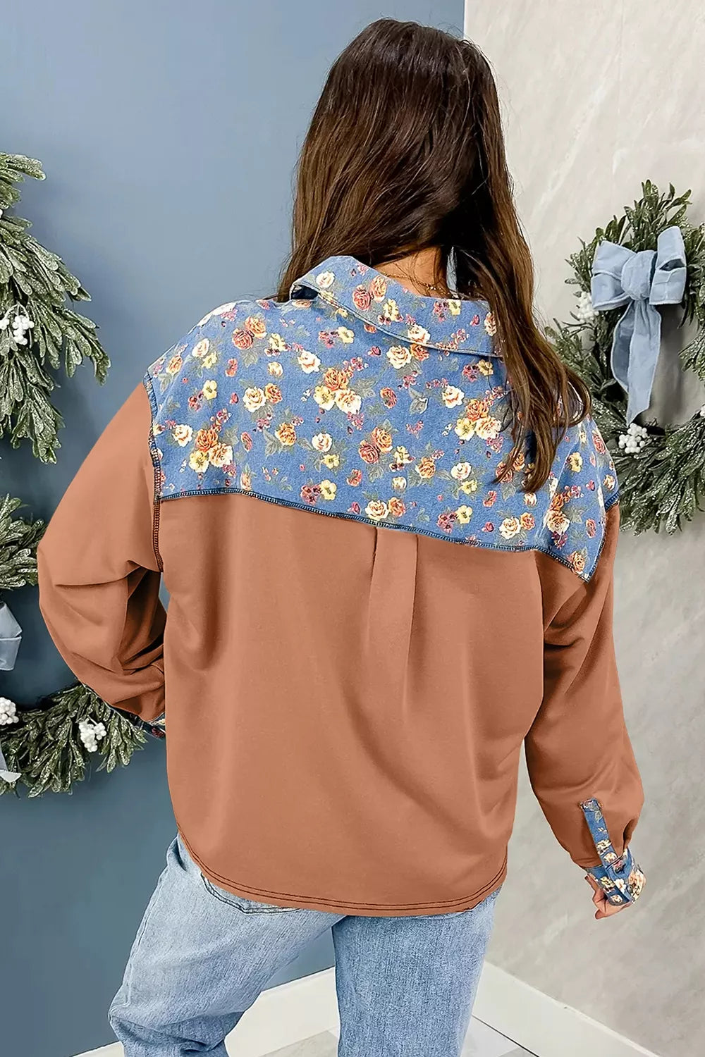 Floral Denim Patchwork Collar V Neck Long Sleeve Pullover Top, view 10