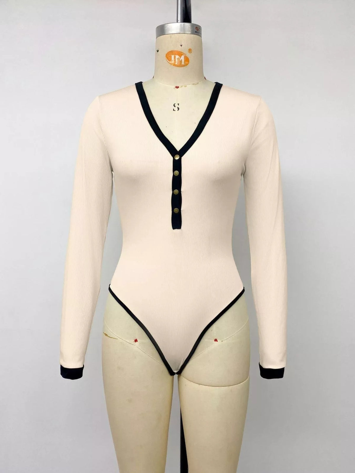 Ribbed V-Neck Long Sleeve Bodysuit with Contrast Trim - Lilixa.store