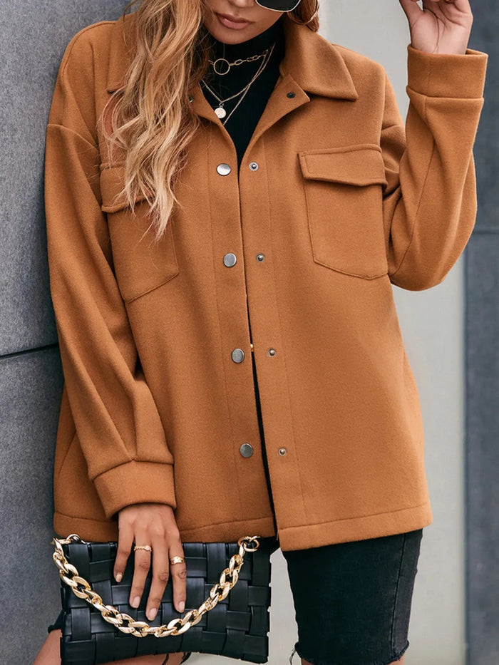 Ivy Lane Pocketed Snap Down Dropped Shoulder Jacket in Caramel