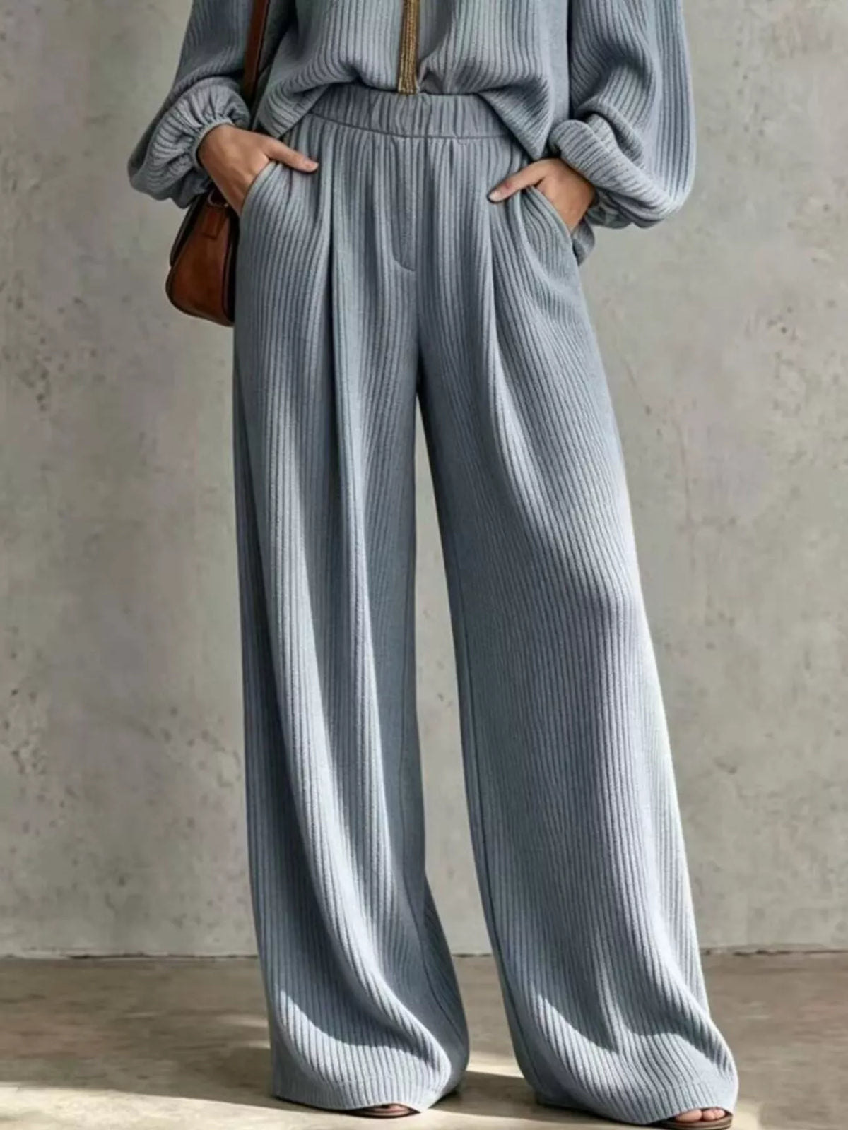 Off-Shoulder Crisscross Cutout Ribbed Knit Top and Wide-Leg Pants Set, view 4