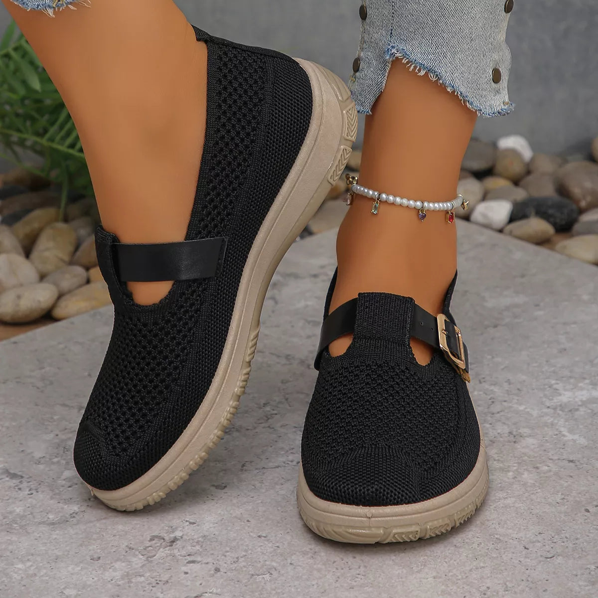 Round Toe Platform Slip-Ons in Black