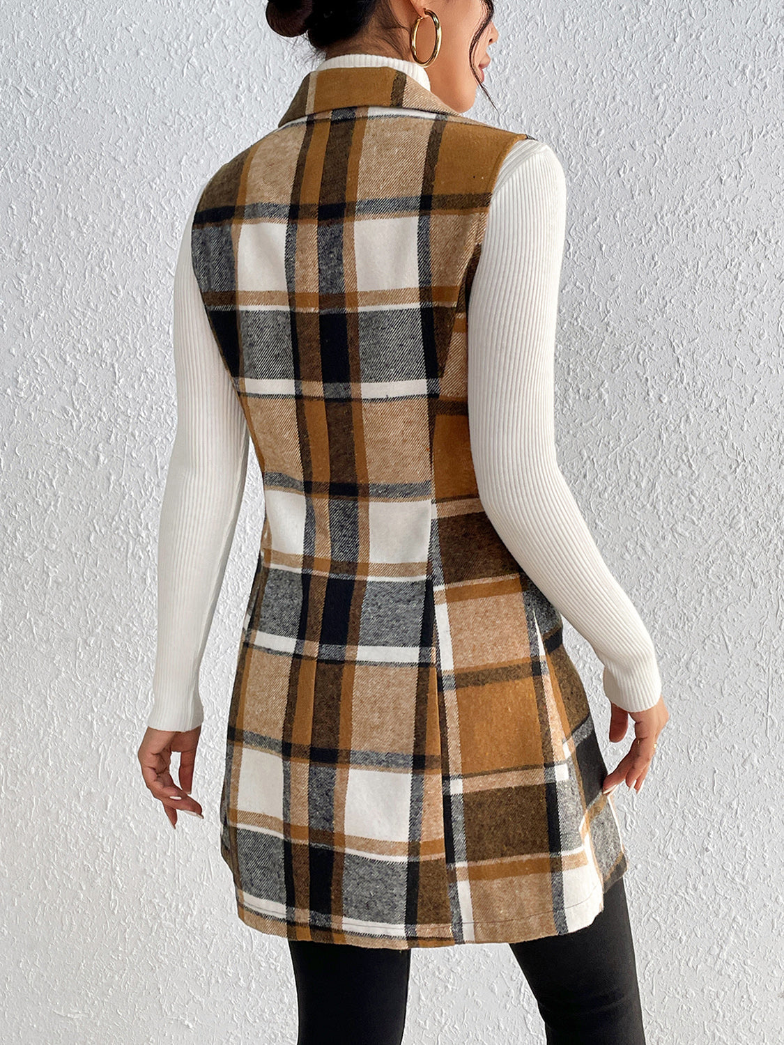 Honey Plaid Lapel Collar Vest in Camel, view 2