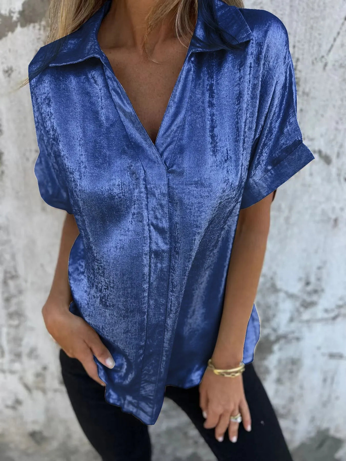 Full Size Collared Neck Short Sleeve Shirt Plus Size in Blue