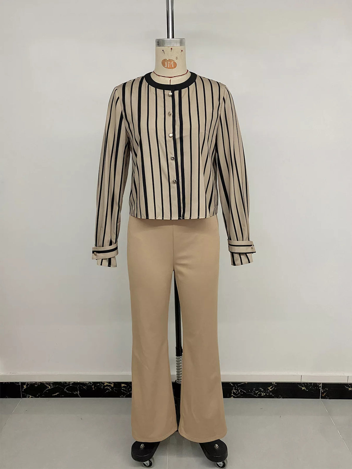 Striped Button-Down Shirt and High-Waisted Flare Pants Set in Khaki, view 17