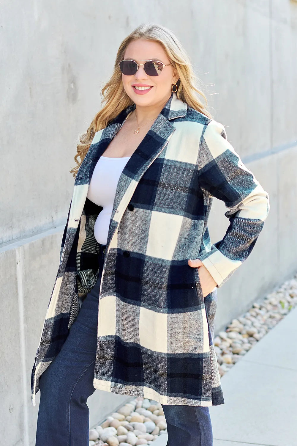 Double Take Full Size Plaid Button Up Lapel Collar Coat - Lilixa.store