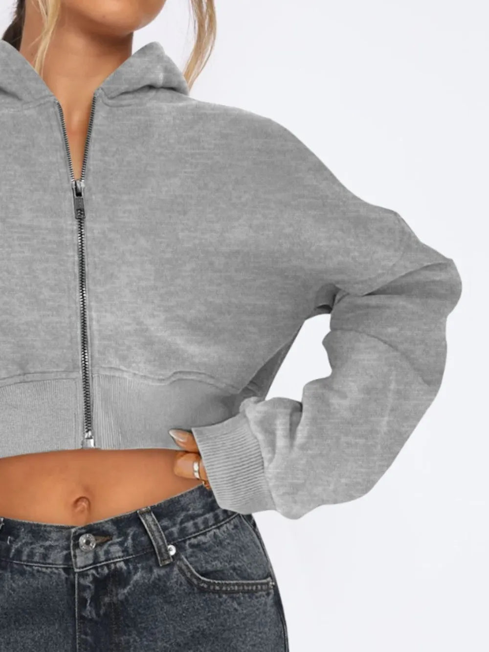 Zip Up Long Sleeve Hooded Cropped Jacket, view 2