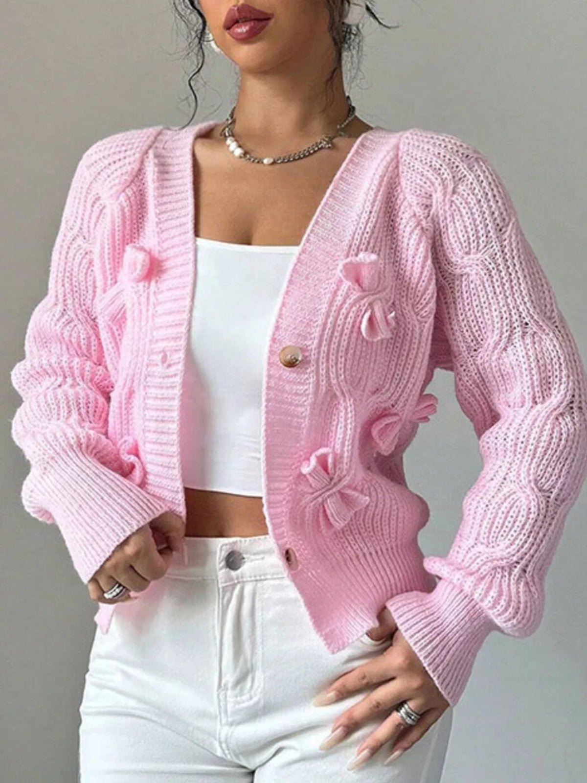Bow Cable Knit V-Neck Cardigan - Lilixa.store