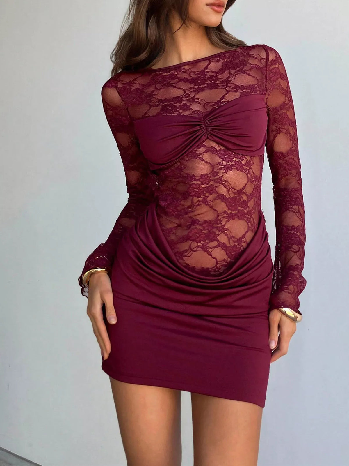 Lace Sheer Cutout Back Long Sleeve Ruched Dress - Lilixa.store