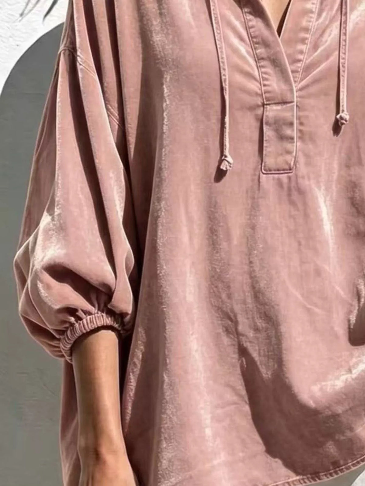 Full Size Oversized Velvet Collared Neck Drawstring Blouse Plus Size, view 5