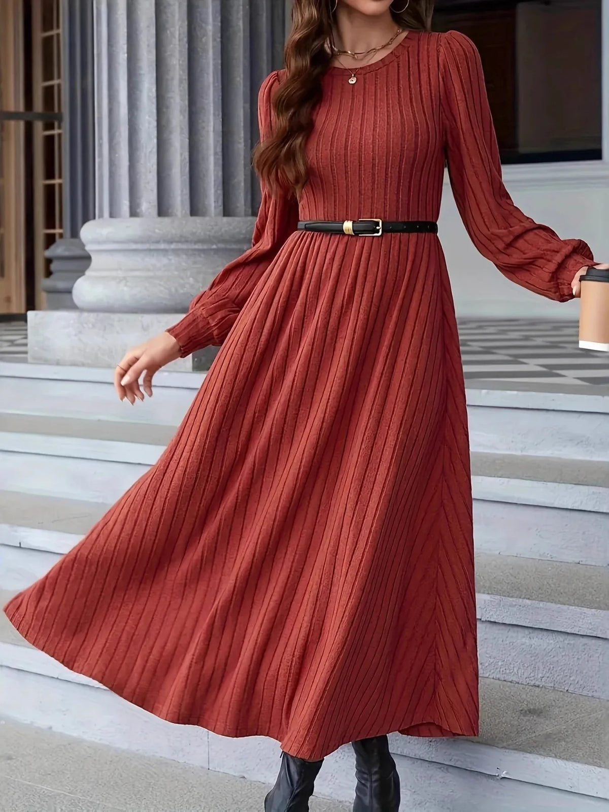 Ribbed Long Sleeve Sweater Dress in Rust, view 5