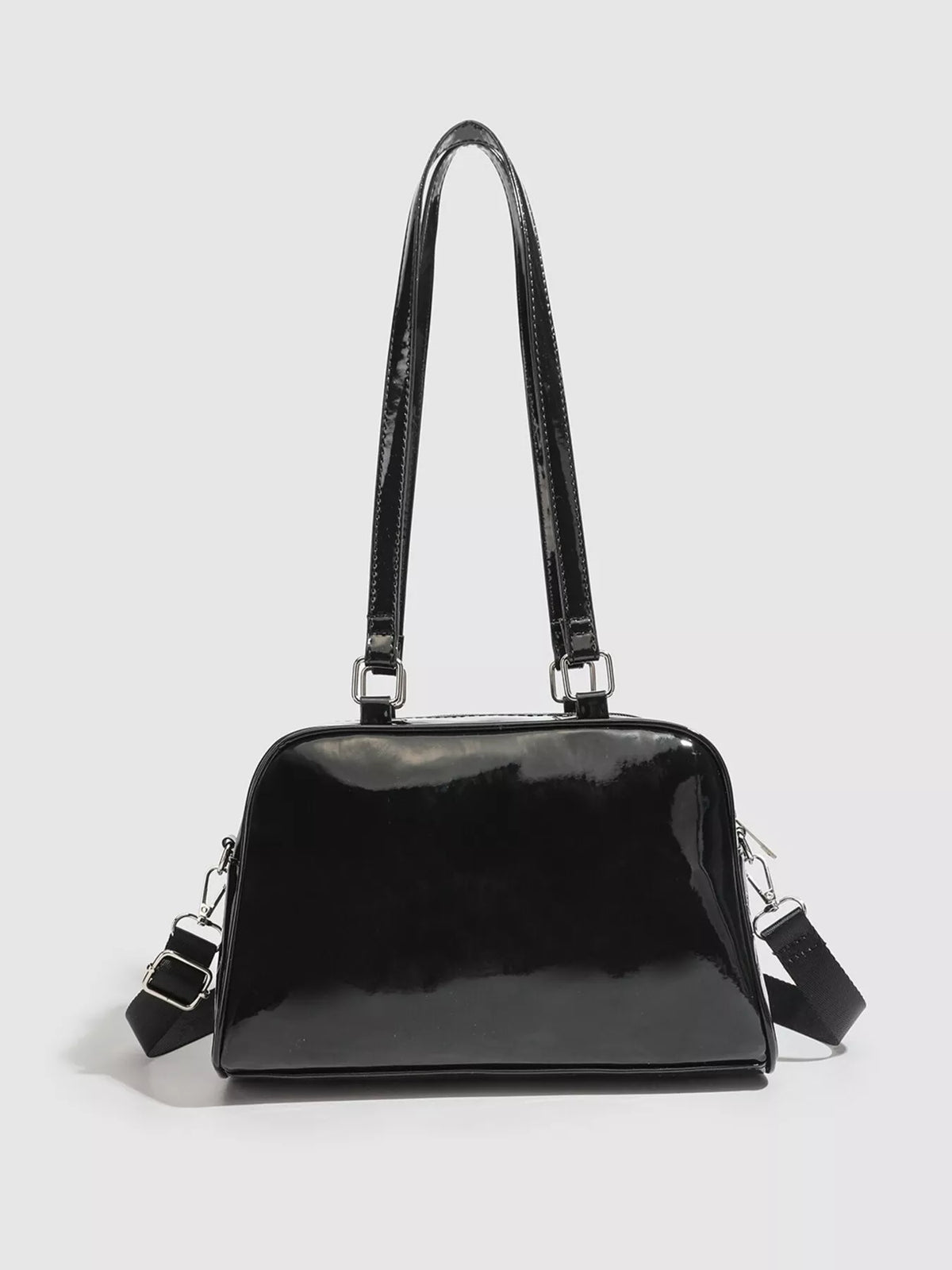 Glossy Patent Leather Multi-Pocket Shoulder Bag in Black, view 5