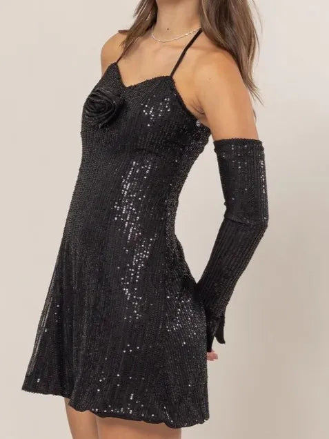 HYFVE Sequin Rosette Halter Mini Dress - Lilixa.store