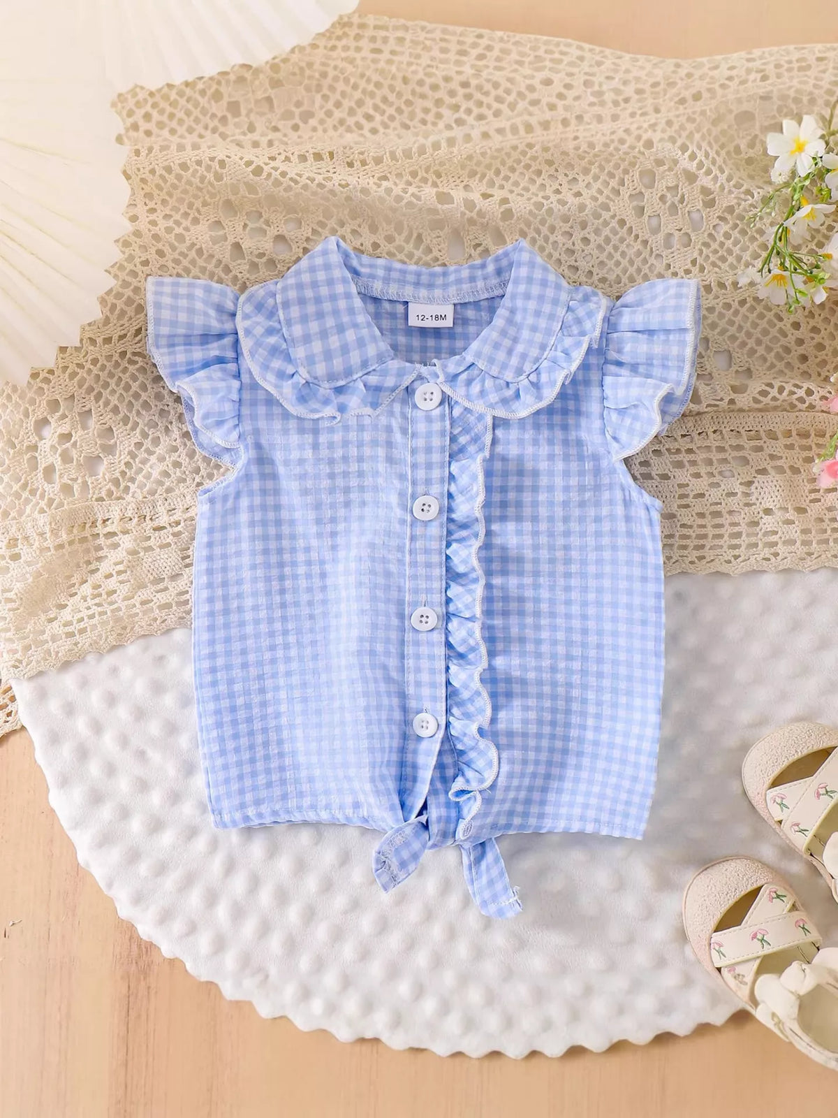 Children's Gingham Ruffle Collar Sleeveless Shirt - Lilixa.store