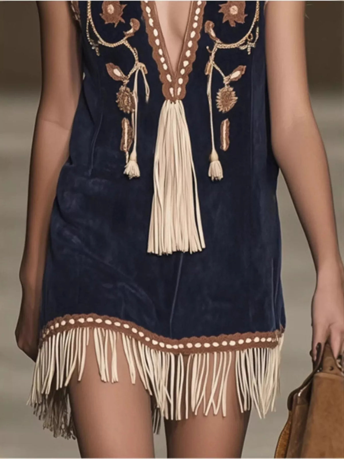 Full Size Embroidered Fringe Hem Sleeveless Dress Plus Size