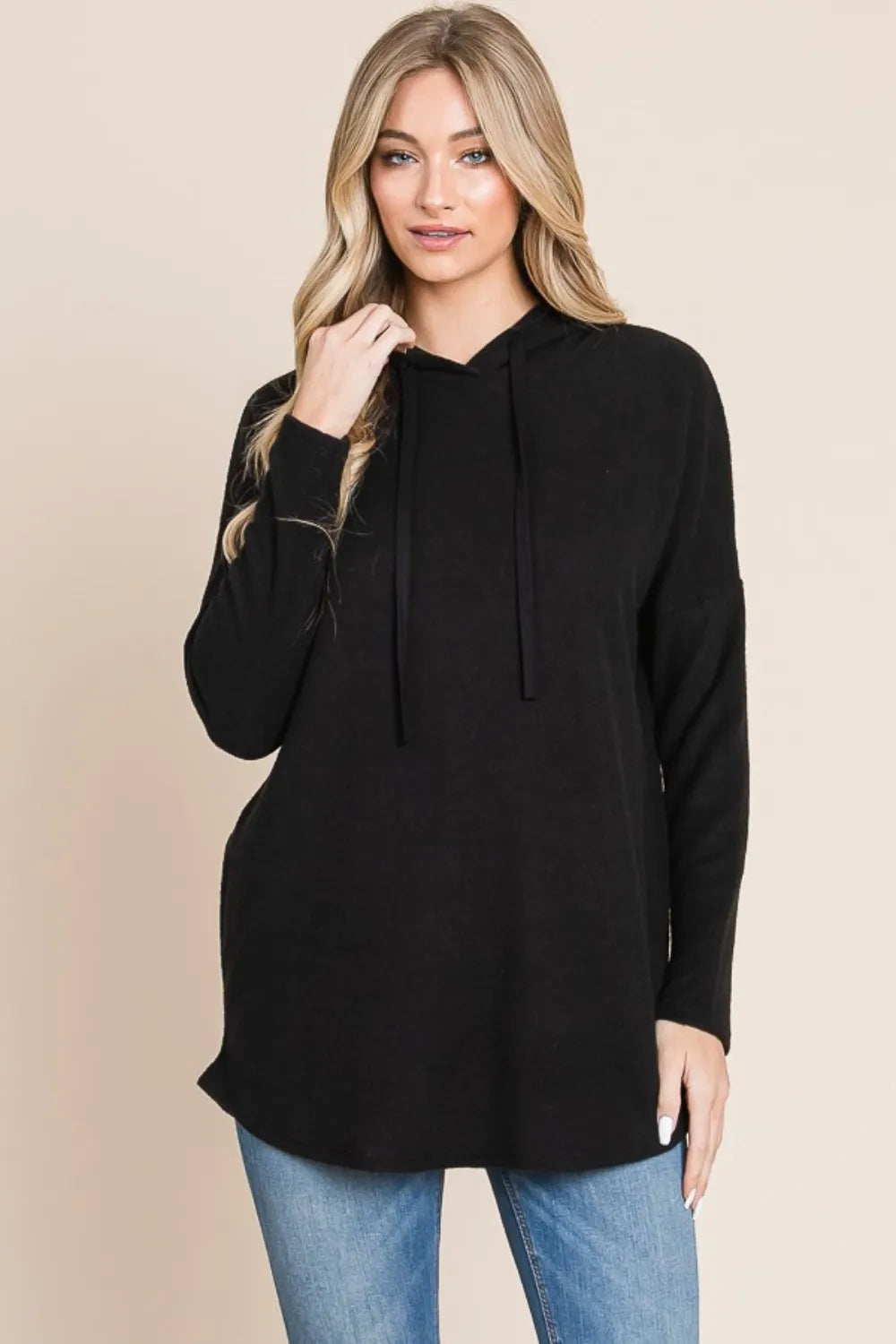 BOMBOM Contrast Drawstring Drop Shoulder Knit Hoodie - Lilixa.store