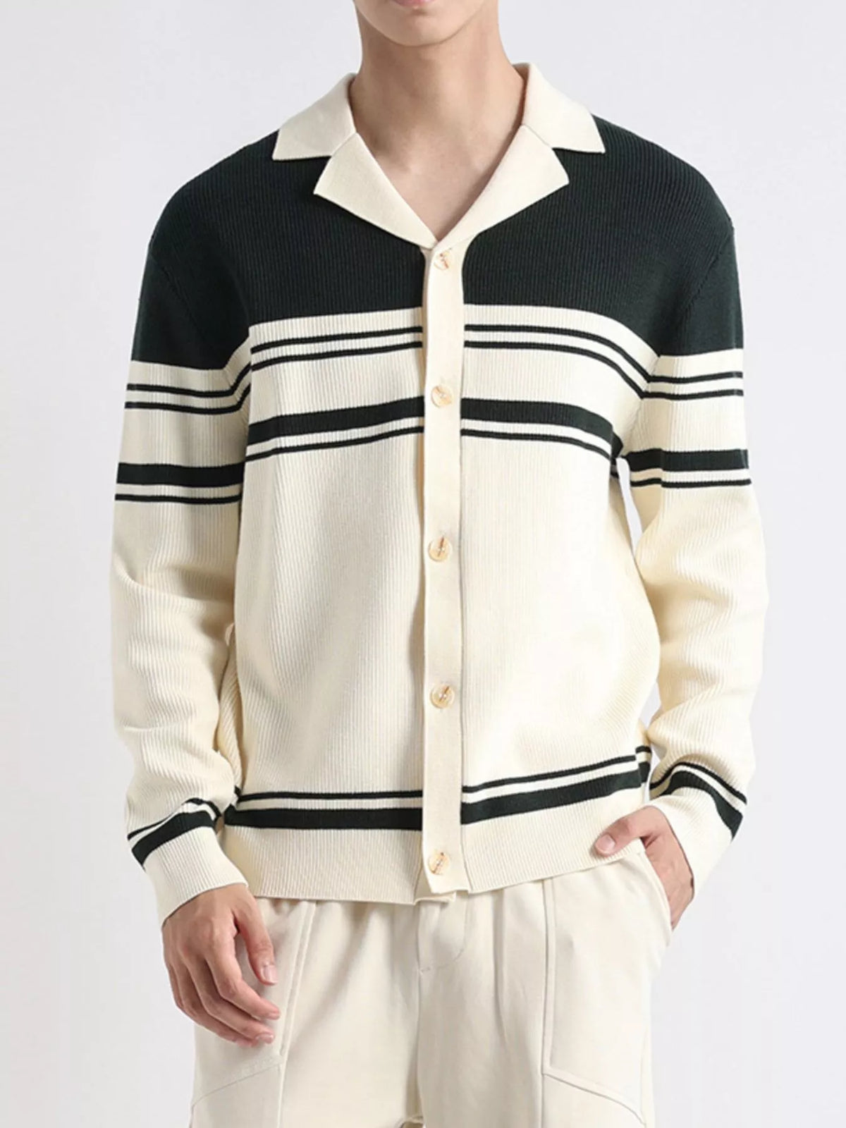 Men's Plus Size Contrast Striped Button-Down Cardigan - Lilixa.store