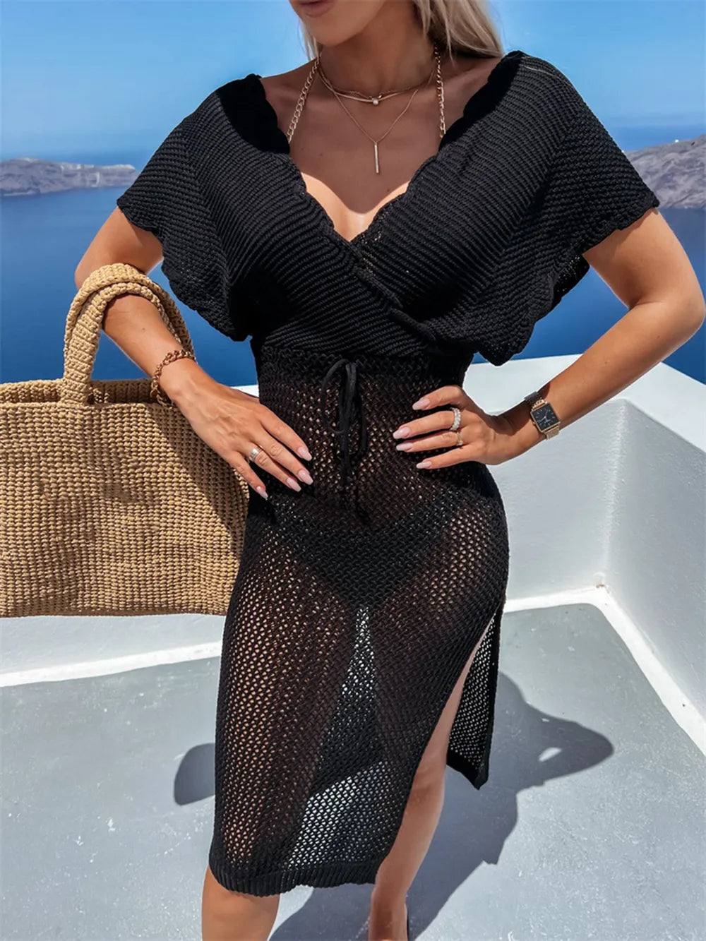 Slit Surplice Cap Sleeve Cover Up in Black